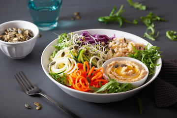 veggie couscous lunch bowl with spiralazed carrots and zucchini, hummus and red cabbage