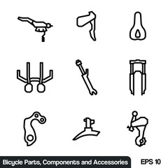 Icon Set of Bicycle Parts, Components, Equipment and Accessories in Line Style. EPS 10