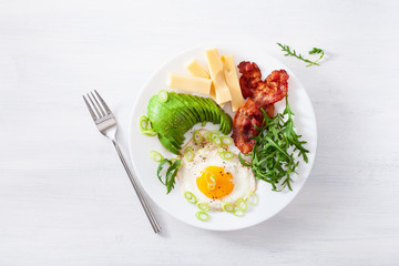 healthy keto breakfast: egg, avocado, cheese, bacon