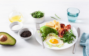 healthy keto breakfast: egg, avocado, cheese, bacon