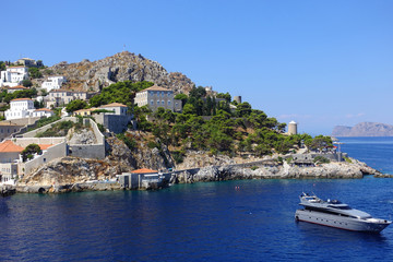 Fototapeta na wymiar Photo from picturesque port and village of Hydra island, Saronic gulf, Greece