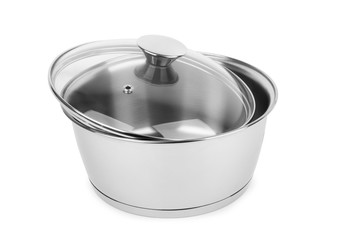 Saucepan with transparent glass lid on white background