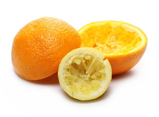 Orange and lemon peels isolated on white background