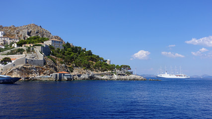 Naklejka na ściany i meble Photo from picturesque port and village of Hydra island, Saronic gulf, Greece