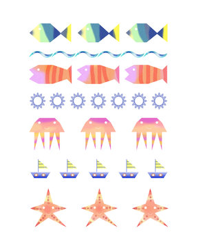 Set di icone colorate del mare isolate su sfondo bianco