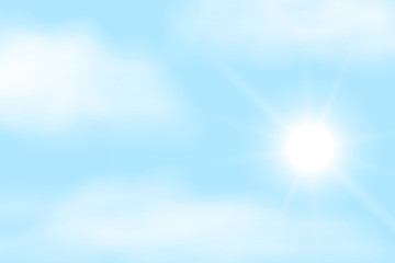 Realistic illustration of blue sky with white clouds and space for text. Shining sun with sunbeam, vector