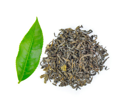 dried green tea leaf on white background