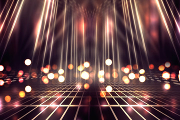Empty background scene. Golden bokeh, blurred rays. Rays of neon light in the dark, neon figures, smoke. Background of empty stage show. Abstract dark background.