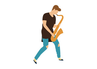 Young man playing saxophone. Isolated flat illustration - Vector