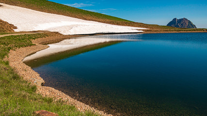 Beautiful alpine view and a lake with reflections at Wildkogel Arena, Neukirchen, Salzburg, Austria