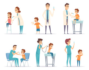 Kids vaccinating. Doctor gives injection to childrens medical healthcare vector concept cartoon illustrations. Injection for healthcare, medical immunization
