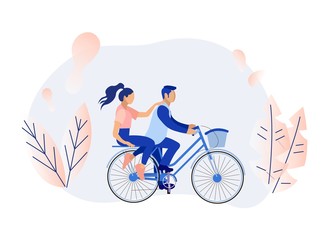 Fototapeta na wymiar Cartoon Man and Woman Couple Cycling in Forest
