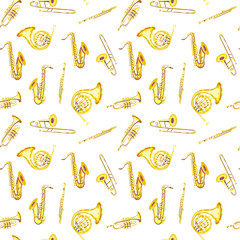 Vector seamless pattern with french horns, saxophones, trumpets, trombones, flutes. Classical musical instruments. Warm and golden colors. Isolated objects. 