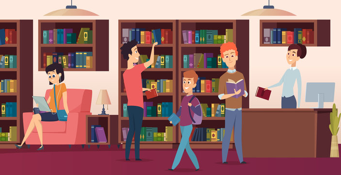 Library background. Bookshelves in school biblioteca students chose a books vector pictures. Illustration of library with bookshelf interior