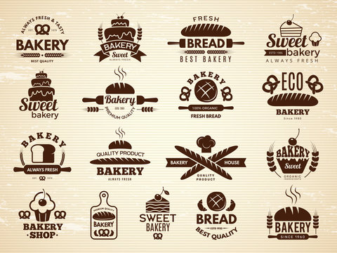 Bakery labels. Pastry and cupcakes cafe icons kitchen food bakery products vector illustrations. Bakery food emblem, product bake emblem shop