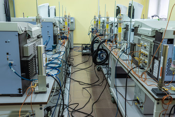 mechanized equipment on tables at industrial plant
