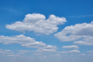 Sunny sky in the morning with floating clouds. Background of cloudy blue sky. White clouds in clear spring weather.