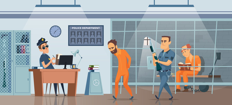 Police department. Male policeman at his work space cabinet and room for prisoners vector picture. Illustration of prison, jailhouse with policeman and jailbird