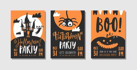 Fototapeten Vector set of Halloween party invitations or greeting cards with handwritten calligraphy and traditional symbols. © Daria