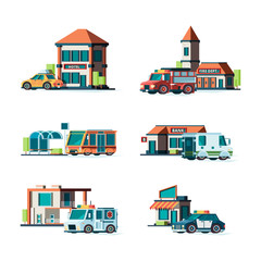 Municipal buildings. City cars near facade of buildings fire station post office police bank public vector illustrations. Fire station, construction hospital