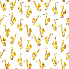 Vector seamless pattern with saxophones. Classical musical instruments. Warm and golden colors. Isolated objects. 
