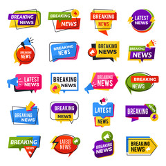 News announce. Advertising breaking special offers geometric reports vector badges templates. Illustration of news template banner, breaking announce