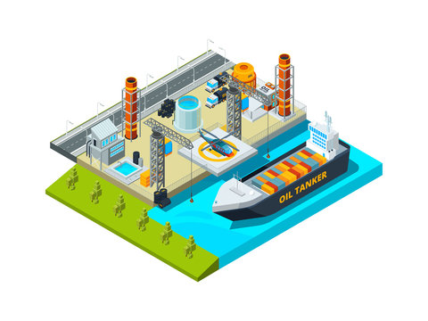 Seaport isometric. Cargo ship oil tanks seaside industrial buildings vessel and fuel farms vector 3d illustration. Seaport ship, 3d cargo commercial transportation