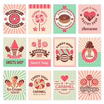Candy shop cards. Sweet food desserts confectionary symbols for restaurant menu vector flyer collection. Confectionery banner shop, candy dessert, sweet caramel illustration