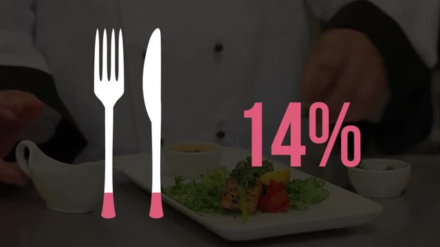 Cutlery icon and increasing percent in pink with chef preparing a dish