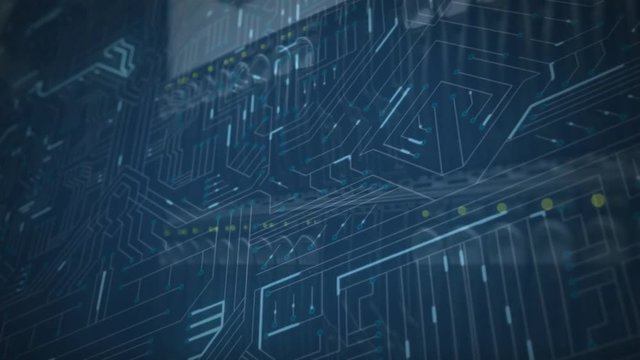 Glowing blue computer circuits and mainframe racks in a server room