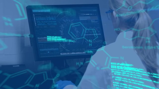 Scientist using computer while text and data move