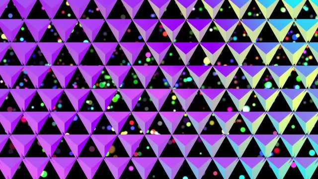 Rising coloured circles behind a grid of colourful reflective triangles on black
