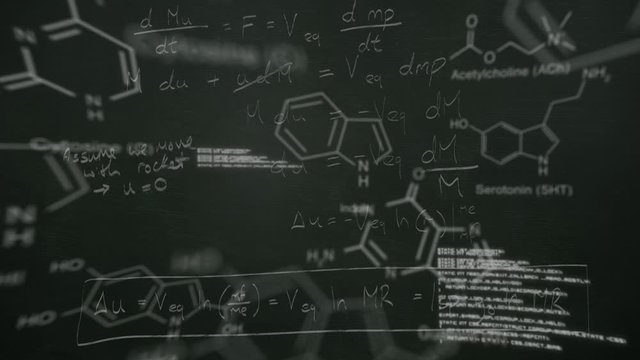 Scientific data written in chalk moving on a blackboard