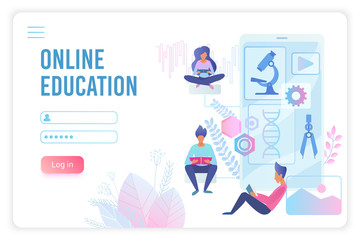 Online education flat vector landing page template. Students, pupils preparing for science exam tests characters. Chemistry, biology, biochemistry Internet courses website homepage concept