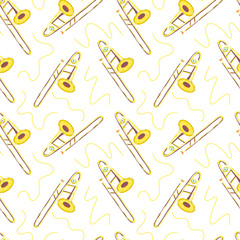 Vector seamless pattern with trombones. Classical musical instruments. Warm and golden colors. Isolated objects. 