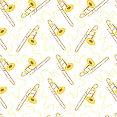 Vector seamless pattern with trombones. Classical musical instruments. Warm and golden colors. Isolated objects. 