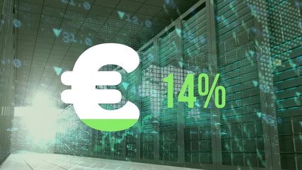 Euro symbol and increasing percentage with digital data and computer server room - Powered by Adobe