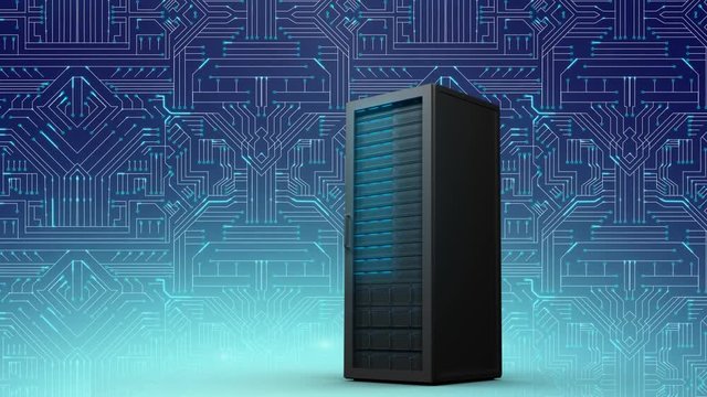 Mainframe computer and glowing blue circuit board