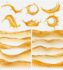 Oil waves. Realistic golden liquid surface of oil petrol flow drops and splashes fuel vector collection. Olive oil and fuel golden color flow illustration