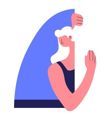 Obraz premium Woman looking out from window corner isolated character