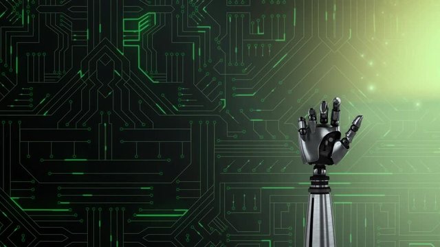 Robot hand moving in front of microchip processor background
