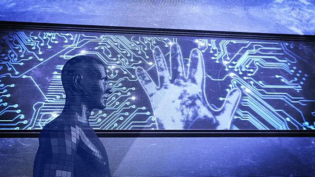 Human model outdoors in front of display showing glowing circuit board and hand