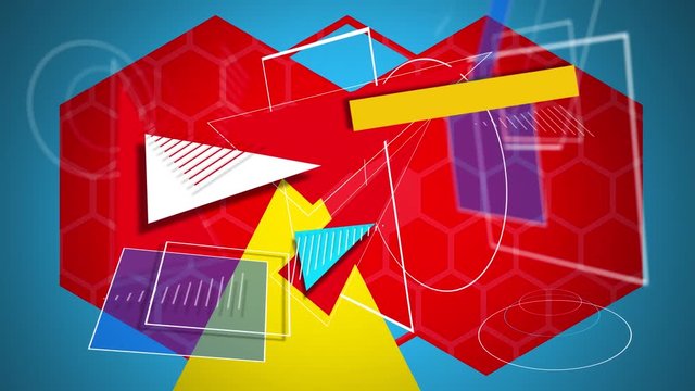 Geometric shapes converge and disappear around a yellow triamgle and red hexagons