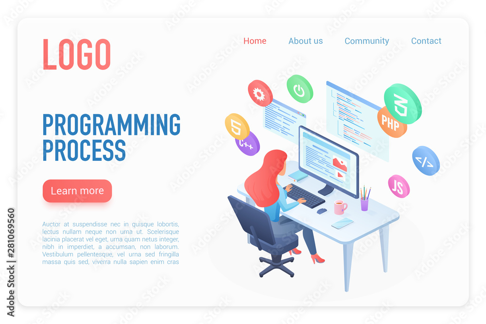Poster Programming process landing page isometric vector template. Software development 3d concept. Female coder, programmer courses. Digital technology. Computer science, IT industry website homepage layout