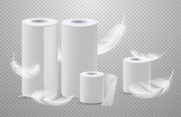 Realistic vector toilete paper and paper towels with feathers. Realistic paper roll for bathroom and lavatory illustration