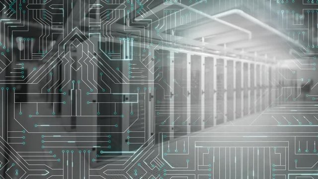 Computer server room and glowing computer circuit board