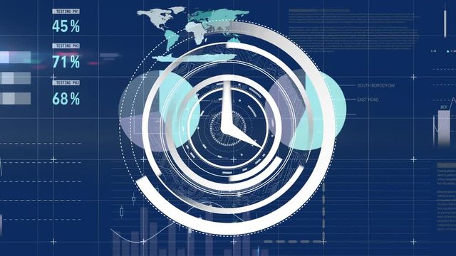 Moving white clock and charts on blue background