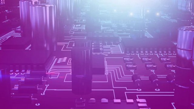 Glowing pink computer circuit board