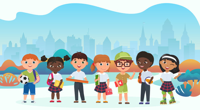 Schoolchildren, Pupils Flat Vector Illustration. Multicultural Schoolkids Having Excursion In Big City. Schoolgirls And Schoolboys In Uniform Characters. Elementary School Pupils, International Camp