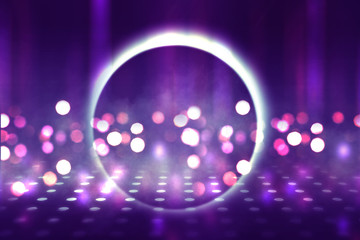 Empty background scene. Ultraviolet light, bokeh, blurred rays. Rays of neon light in the dark, neon figures, smoke. Background of empty stage show. Abstract dark background.